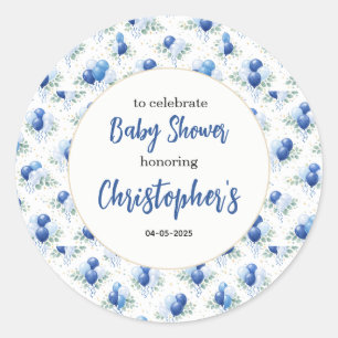 Oh Boy Baby Shower Modern Eucalyptus Blue Balloon Classic Round Sticker