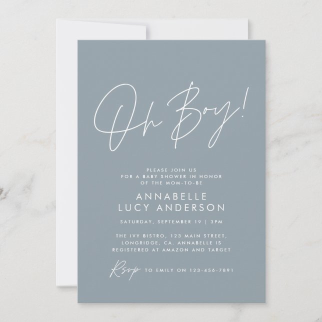 oh Boy baby shower script baby blue elegant  Invitation (Front)