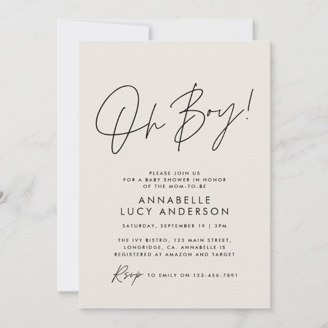 oh Boy baby shower script baby cream elegant  Invitation (Front)