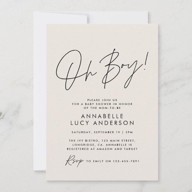 oh Boy baby shower script cream neutral elegant Invitation (Front)