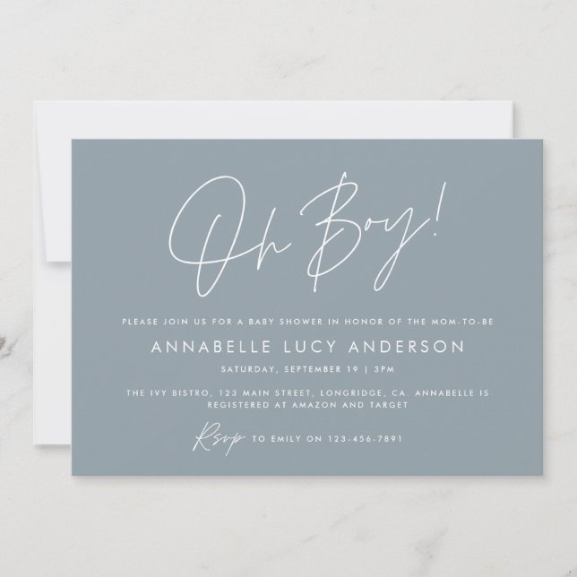 oh boy Baby shower script modern blue boho Invitation (Front)