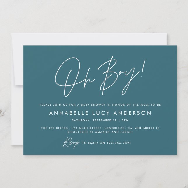 oh boy Baby shower script modern blue boho Invitation (Front)