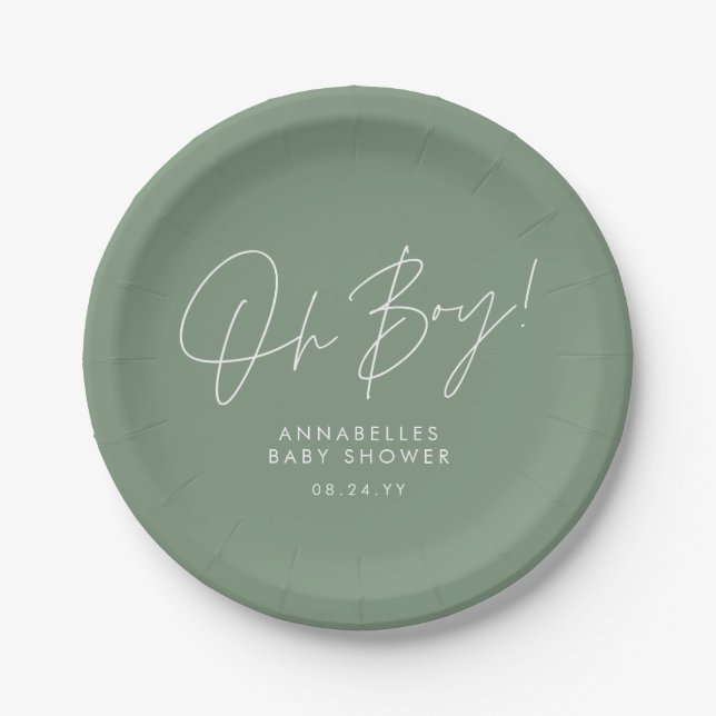 oh boy Baby shower script modern elegant  Paper Plate (Front)