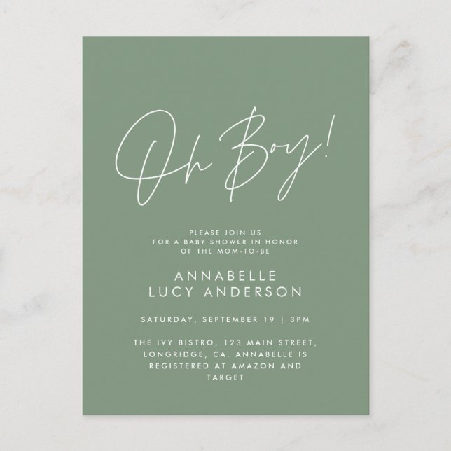 oh boy Baby shower script modern green elegant  Postcard (Front)