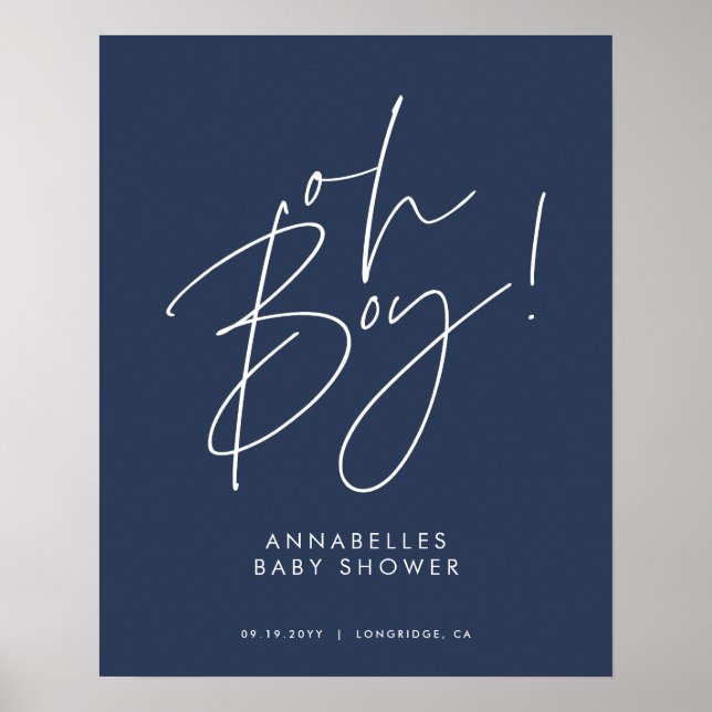 oh Boy baby shower script modern navy blue elegant Poster (Front)