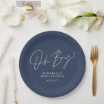 oh boy Baby shower script modern navy blue Paper Plate<br><div class="desc">oh boy Baby shower script modern navy blue elegant party invitation design. Ideal gender neutral design.</div>