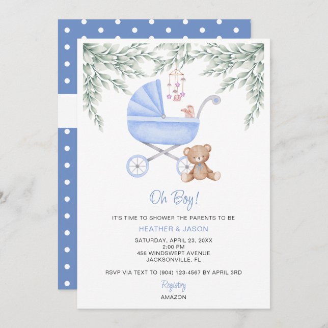Oh Boy Baby Stroller and Mobile Shower Invitation (Front/Back)