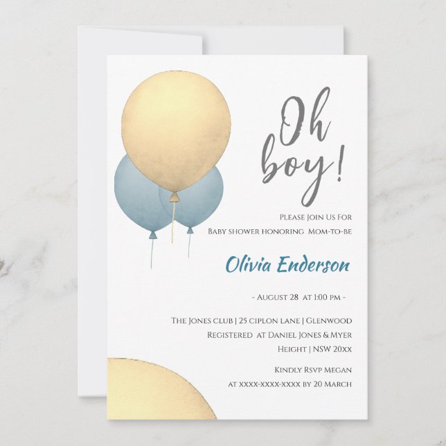 Oh boy! Balloon baby is due Invitation (Front)