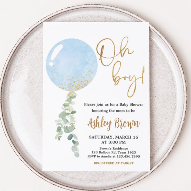 Oh Boy Balloon Baby Shower  Invitation (Blue Balloon Eucalyptus Baby Shower Invitation)