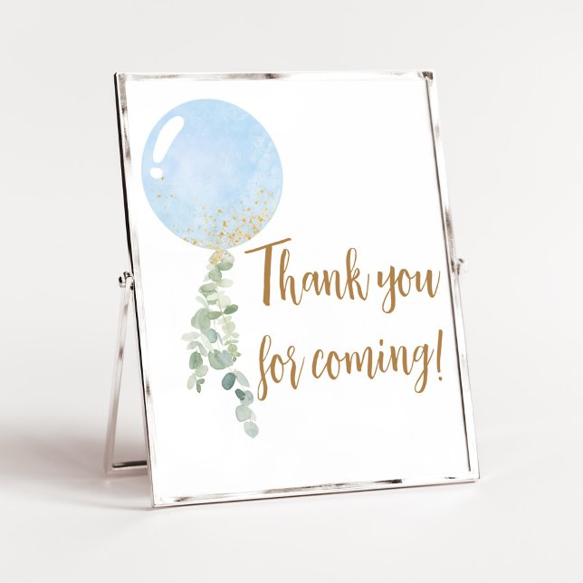 Oh Boy Balloon Baby Shower Thank you for Coming Poster (Blue Balloon Eucalyptus Baby Shower Thank you for Coming Sign)