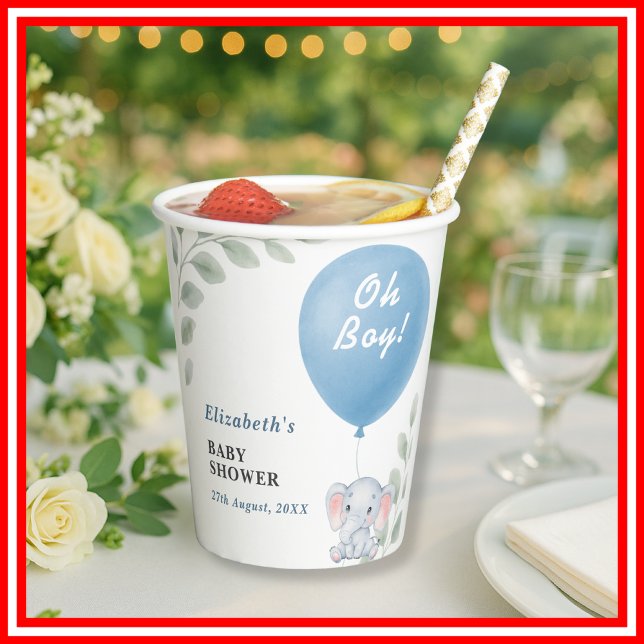 Oh Boy Balloon Elephant Eucalyptus Baby Shower Paper Cups (Creator Uploaded)