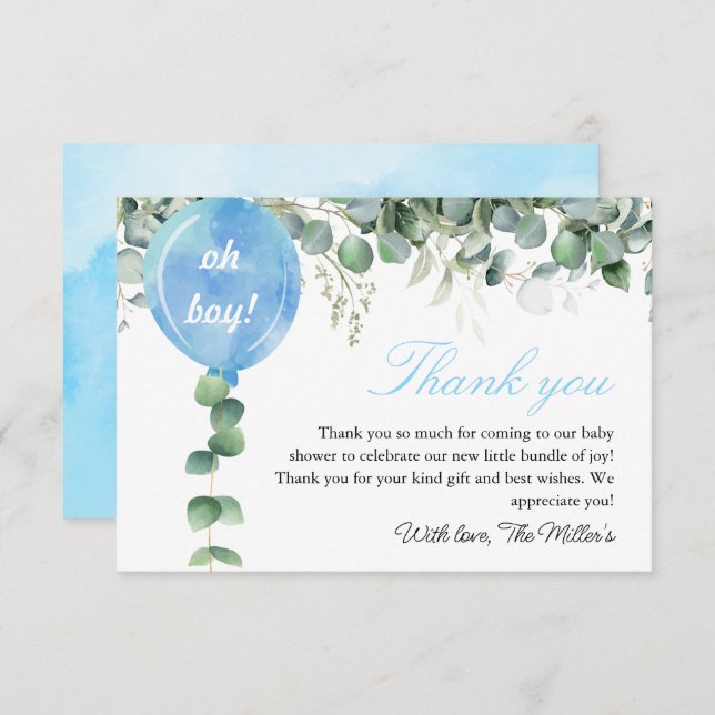 Oh Boy balloon greenery eucalyptus baby shower Thank You Card (Front/Back)