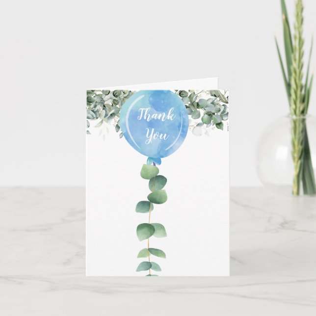 Oh Boy balloon greenery eucalyptus baby shower Thank You Card (Front)
