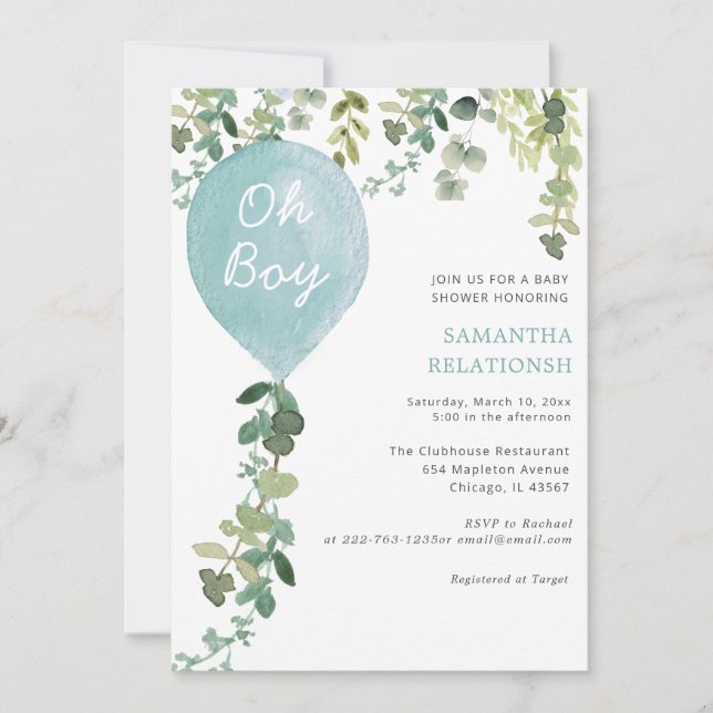 Oh Boy balloon watercolor greenery boy baby shower Invitation (Front)