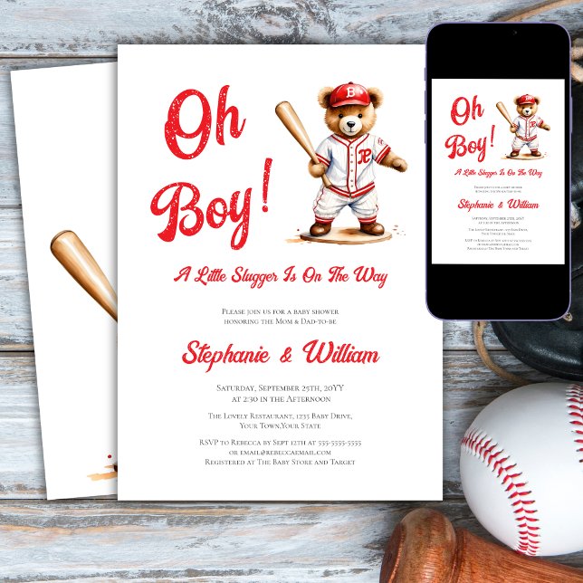 Oh Boy Baseball  Baby Shower Cute Bear Invitation (Creator Uploaded)