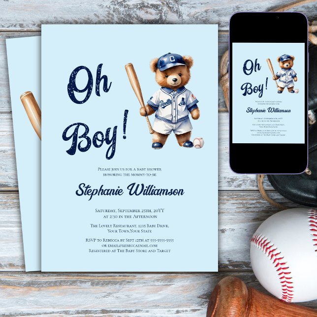 Oh Boy Baseball  Baby Shower Cute Bear Invitation (Creator Uploaded)