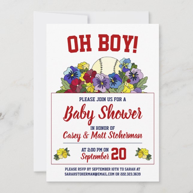 Oh Boy Baseball in Flowers Baby Shower Invitation (Front)