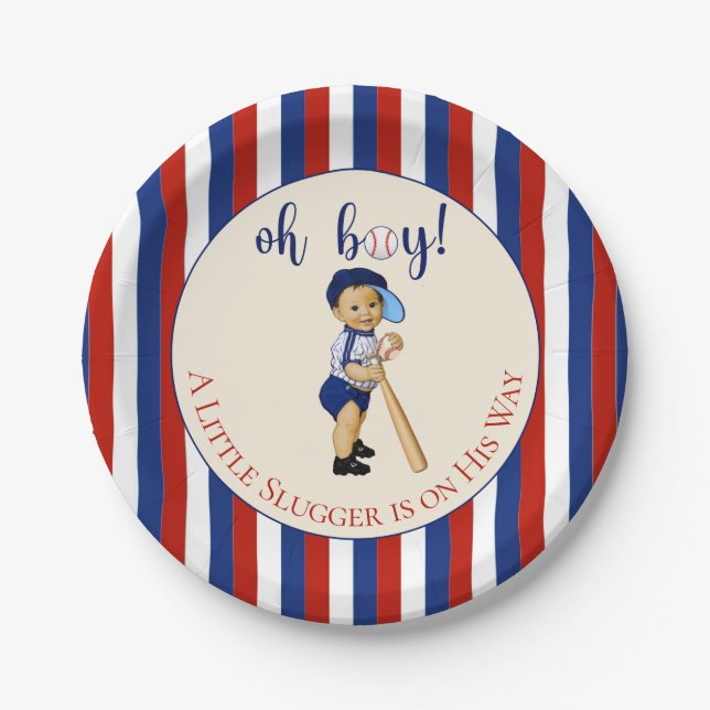 Oh Boy Baseball Red White Navy Blue Stripes Baby Paper Plate (Front)