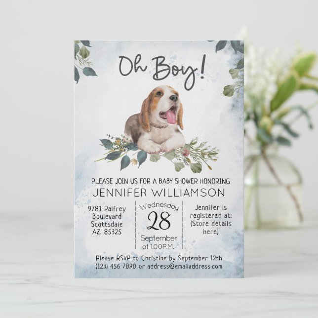Oh Boy! Beagle Puppy Modern Watercolor Baby Shower Invitation (Standing Front)
