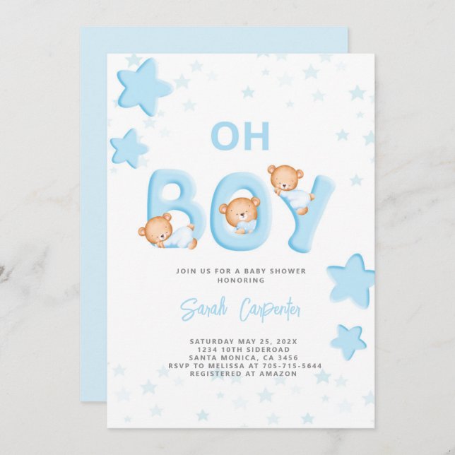 Oh Boy Bear Baby Shower Boy Invitation (Front/Back)
