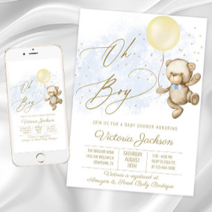 Oh Boy Bear Balloon Baby Shower Invitation
