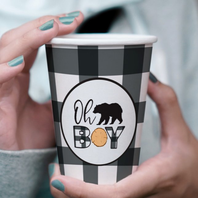 Oh Boy Bear black Buffalo Plaid Baby Shower Paper Cups (Creator Uploaded)