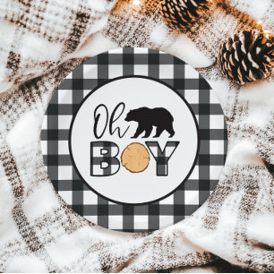 Oh Boy Bear black Buffalo Plaid Baby Shower Paper Plate