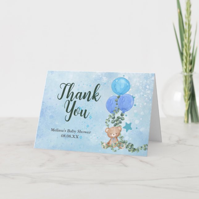 Oh Boy Bear Blue Balloon Eucalyptus custom photo Thank You Card (Front)