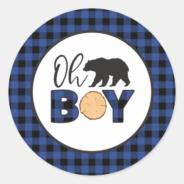 Oh Boy Bear blue Buffalo Plaid Baby Shower Classic Round Sticker (Front)