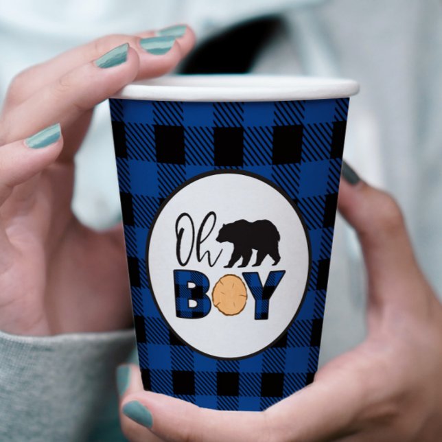 Oh Boy Bear blue Buffalo Plaid Baby Shower Paper Cups (Creator Uploaded)