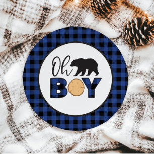 Oh Boy Bear blue Buffalo Plaid Baby Shower Paper Plate