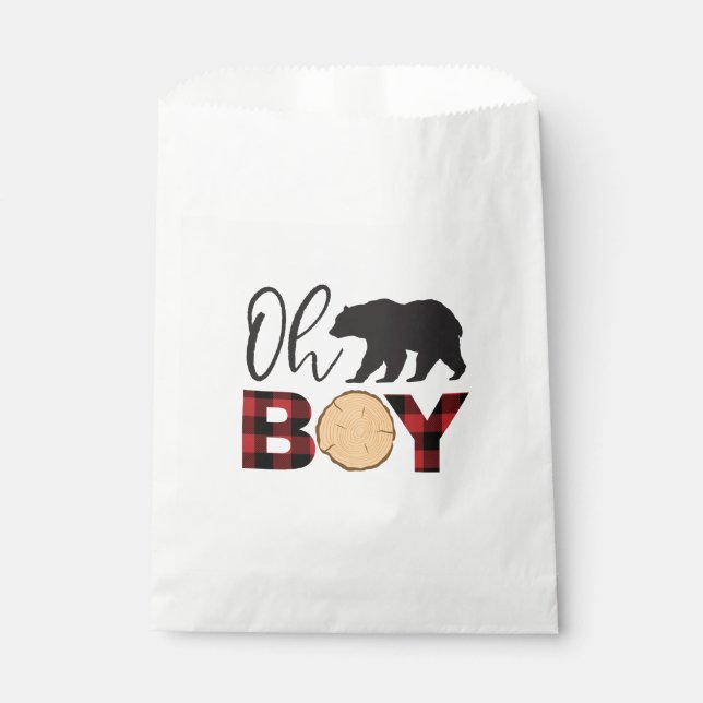 Oh Boy Bear Buffalo Plaid Baby Shower Favour Bag (Front)