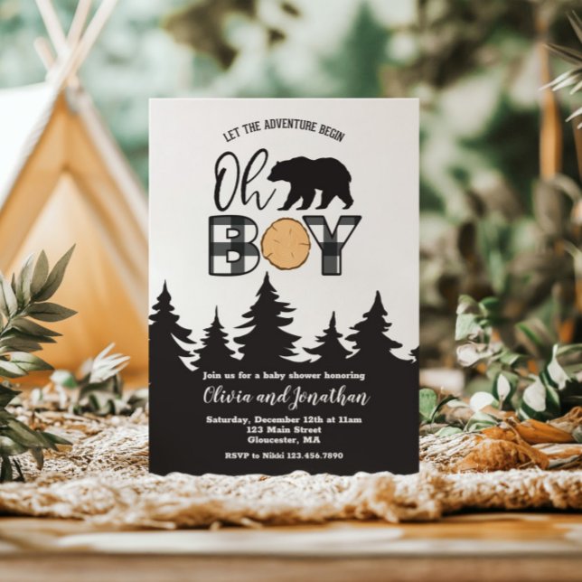 Oh Boy Bear Buffalo Plaid Baby Shower Invitation (Creator Uploaded)
