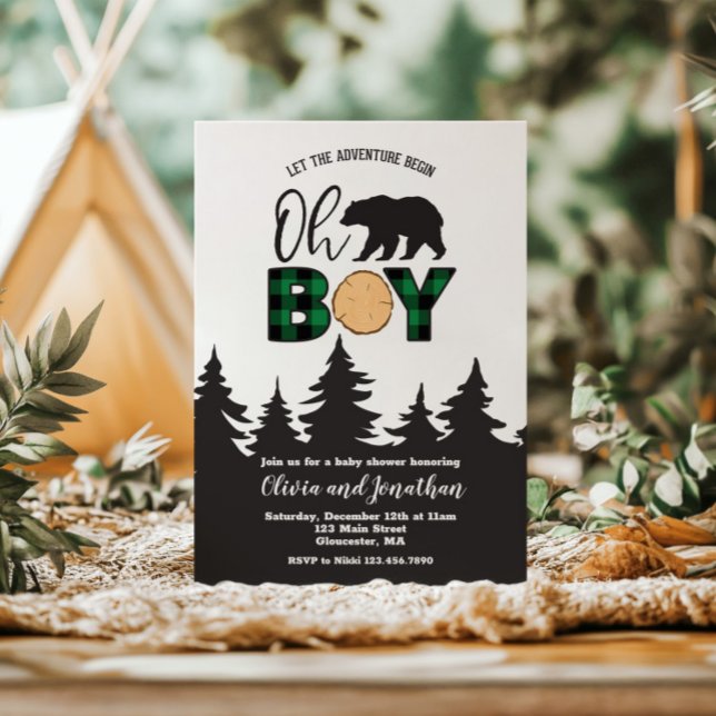 Oh Boy Bear Buffalo Plaid Baby Shower Invitation (Creator Uploaded)