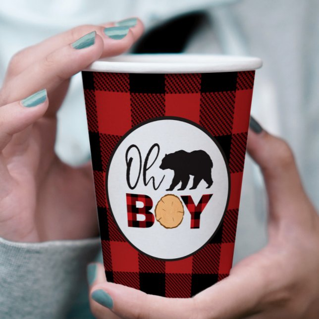 Oh Boy Bear Buffalo Plaid Baby Shower Paper Cups (Creator Uploaded)