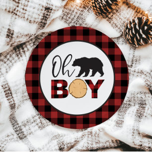 Oh Boy Bear Buffalo Plaid Baby Shower Paper Plate