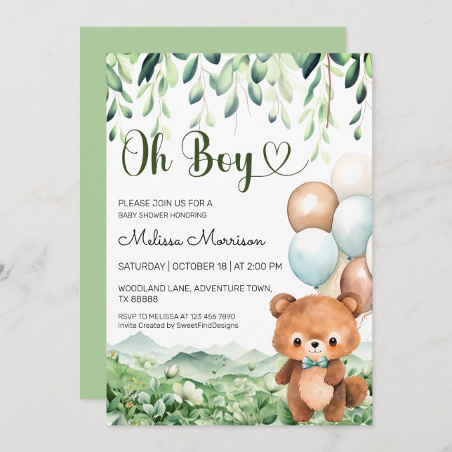 Oh Boy Bear Forest by SFD Baby Boy Shower Invitation (Front/Back)