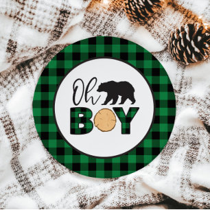Oh Boy Bear green Buffalo Plaid Baby Shower Paper Plate