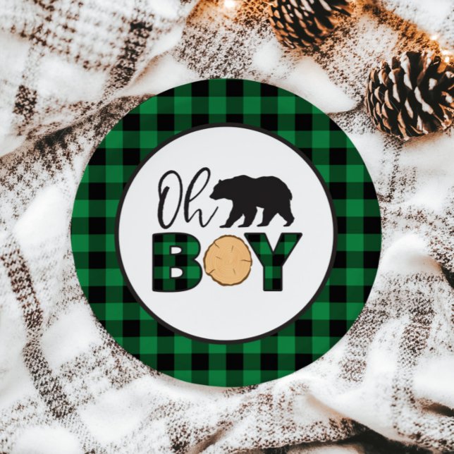 Oh Boy Bear green Buffalo Plaid Baby Shower Paper Plate (Creator Uploaded)