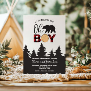 Oh Boy Bear Red Buffalo Plaid Baby Shower Invitation