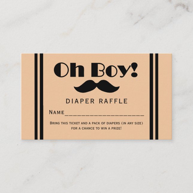 Oh Boy Black Moustache Baby Diaper Raffle Ticket Enclosure Card (Front)