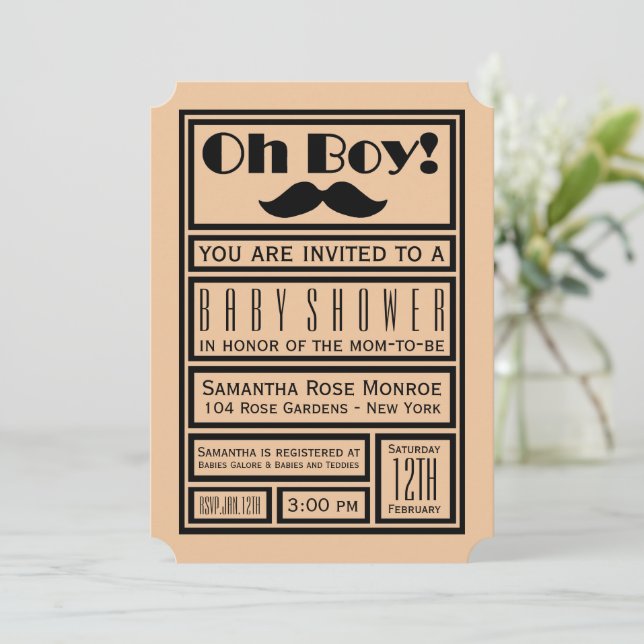Oh Boy Black Moustache Baby Shower Invitation (Standing Front)