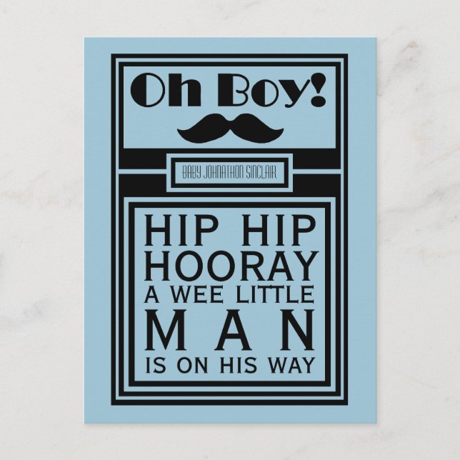 Oh Boy Black Moustache New Baby Boy Announcement Postcard (Front)