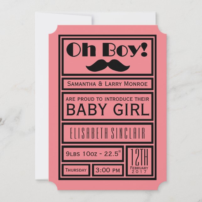 Oh Boy Black Moustache New Baby Girl Announcement (Front)