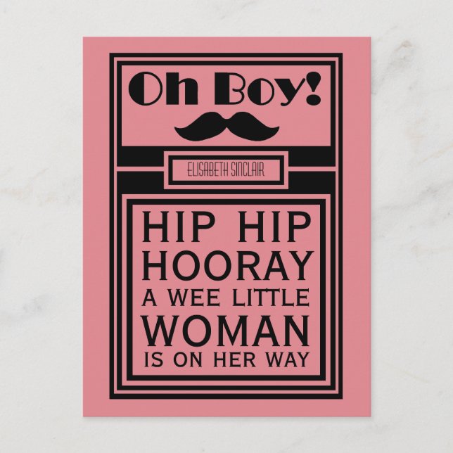 Oh Boy Black Moustache New Baby Girl Announcement Postcard (Front)