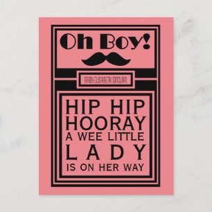 Oh Boy Black Moustache New Baby Girl Announcement Postcard