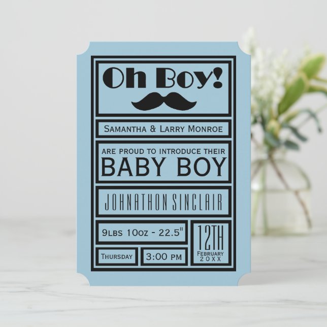Oh Boy Black Mustache New Baby Boy Announcement (Standing Front)