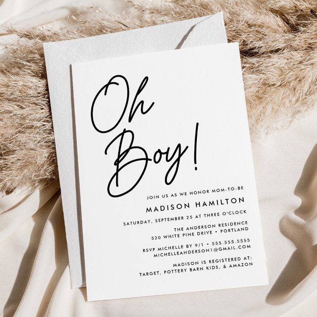 Oh Boy Black Script Minimalist Baby Shower Invitation (Creator Uploaded)