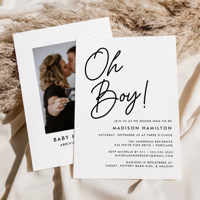 Oh Boy Black Script Photo Baby Shower Invitation (Creator Uploaded)