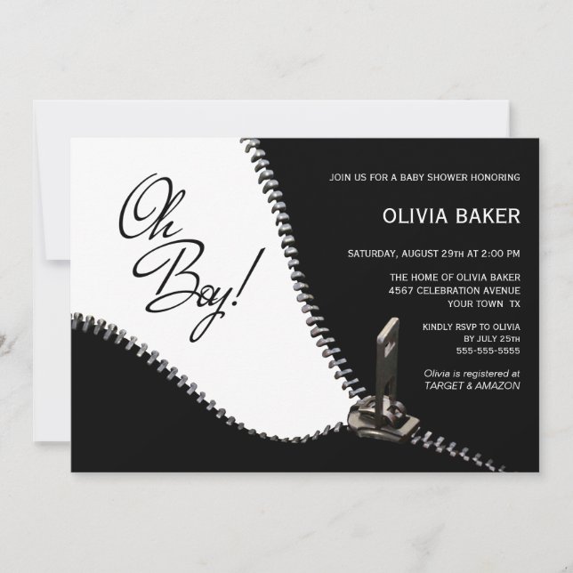 Oh Boy Black White with Silver Zipper Baby Shower Invitation (Front)